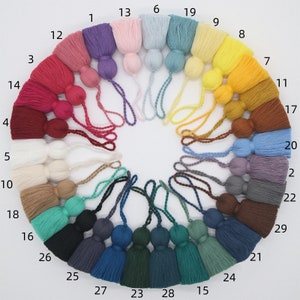 May include: A circle of 29 colourful tassel ornaments with a white background. The tassels are arranged in a circle with the numbers 1 through 29 written around the circle.