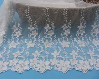 1yard  Embroidery Lace Fabric ,white cotton lace fabric and Scalloped Edges-50 inches Wide