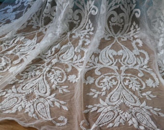 cotton embroidery on soft tulle,cotton fabric in off white,wedding dress lace fabric,light ivory lace fabric for curtain