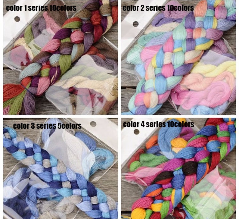 May include: Four sets of embroidery floss in clear plastic packaging. Each set features a braided bundle of colourful threads. The text "color 1 series 10colors", "color 2 series 10colors", "color 3 series 5colors", and "color 4 series 10colors" is visible.
