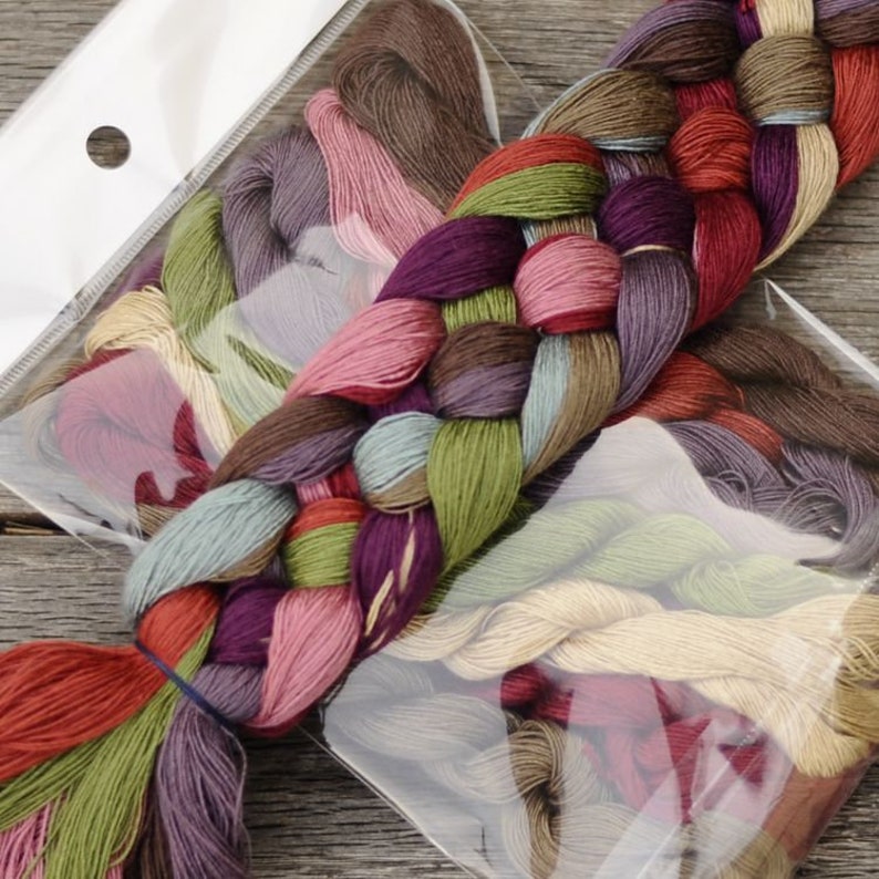 May include: A selection of embroidery floss in a range of colours, including red, green, pink, and brown. The floss is packaged in clear plastic bags, with the strands arranged in a braided pattern. The background is a wooden surface.
