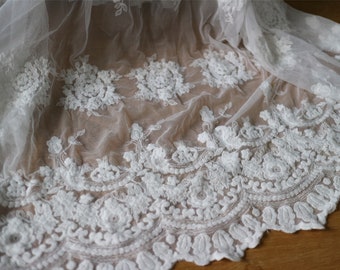scallops soft lace,cotton embroidery on soft tulle,cotton fabric in off white,wedding dress lace fabric,light ivory lace fabric for curtain