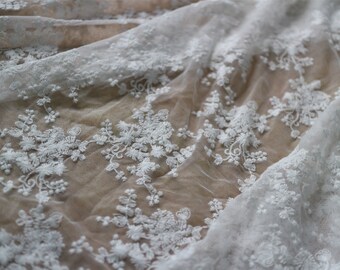 cotton embroidery on soft tulle,cotton fabric in off white,wedding dress lace fabric,light ivory lace fabric for curtain