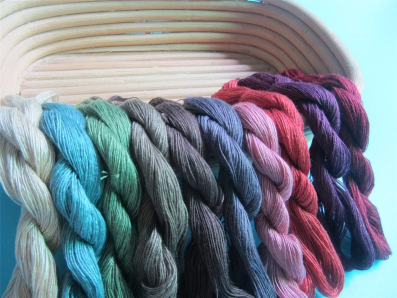 May include: A selection of colourful embroidery floss in various shades, including teal, green, red, and purple. The floss is arranged in a row, with each colour neatly twisted. The background features a light blue wall and a woven basket.
