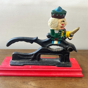 Vintage Cast Iron Soldier Nutcracker – 6.5” Lever Action Christmas Nutcracker Figure Mounted on Red Wood Base – Whimsical Holiday Decor