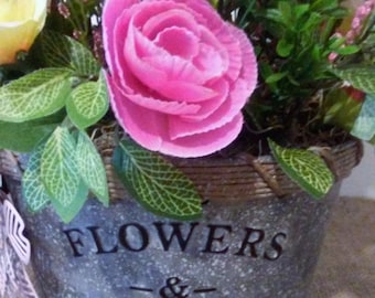 Pink Yellow Floral Arrangement, Rustic Metal Bucket Centerpiece, Spring Floral Arrrangement