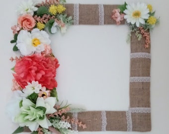 Shabby Chic Floral Square Wreath, Square Floral Wreath, Peonies Daisy Square Wreath, Burlap Square Floral  Wall Decor, Summer Floral Decor