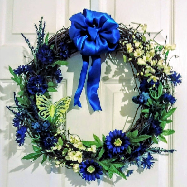 Spring Grapevine Wreath,Blue and Yellow Grapevine Wreath,Summer Floral Wreath,,Spring Wreath with Butterfly,Spring Rustic Floral Wreath