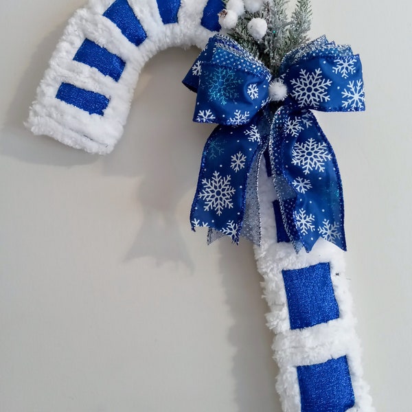 Blue and White Yarn Ribbon Candy Cane., Blue and White Candy Cane, Ribbon and Yarn Candy Cane Door hanger, Christmas Candy Cane Door Hanger,