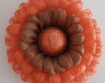 Fall Zinnia Mesh Wreath, Fall Zinnia Flower Wreath, Zinnia Flower Wreath, Orange and Brown Fall Flower Wreath, Autumn Mesh Wreath