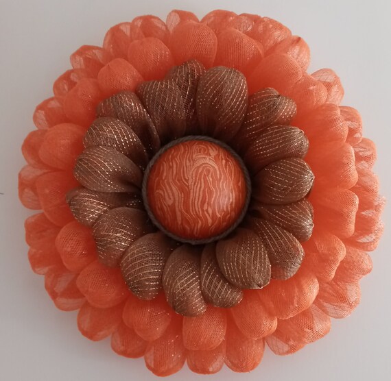 Fall Zinnia Mesh Wreath, Fall Zinnia Flower Wreath, Zinnia Flower Wreath, Orange and Brown Fall Flower Wreath, Autumn Mesh Wreath