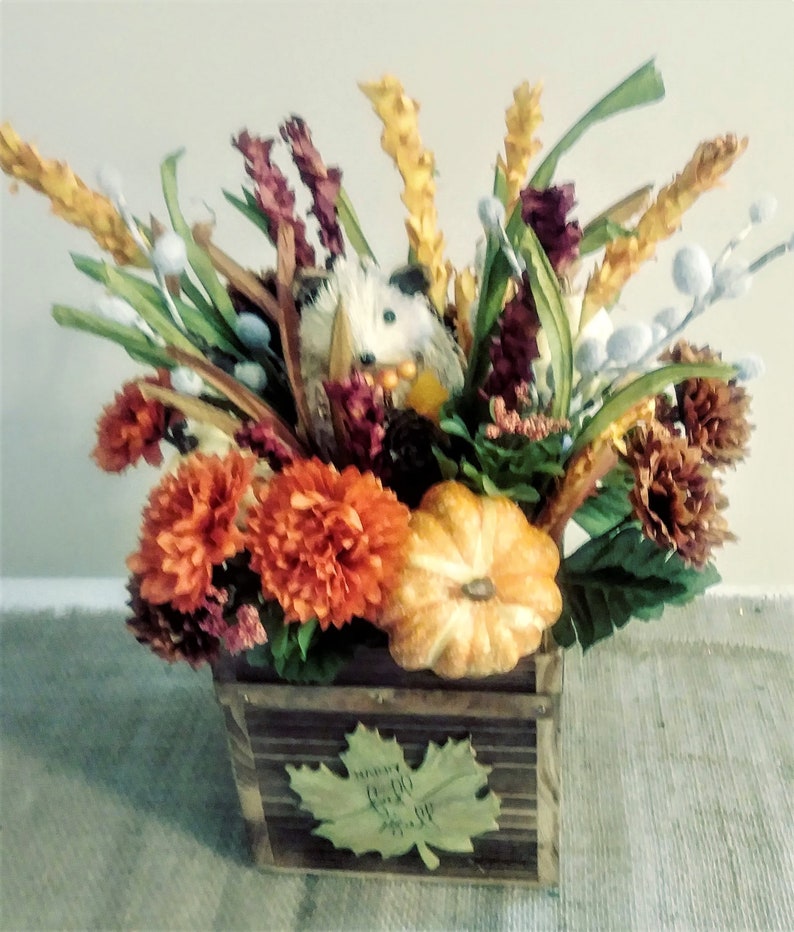 Fall Floral Arrangement, Fall Centerpiece, Thanksgiving Centerpiece, Fall Floral with Hedgehog .Fall Rustic Arrangement, Farmhouse Floral image 5
