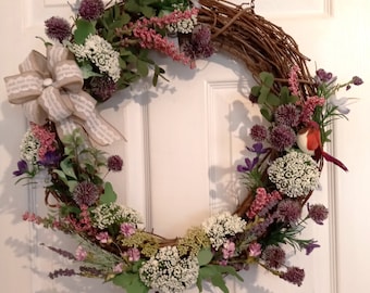 Spring Farmhouse Purple  Wreath, Purple Floral Grapevine Wreath, Summer Floral Grapevine Wreath, Spring Purple White  Flowers Wreath,