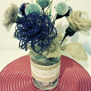 Burlap Floral Vase,Burlap Flower Arrangement,Shabby Chic Tabletop,Rustic Floral Arrangement, Country Decor,Blue and Tan Burlap Floral