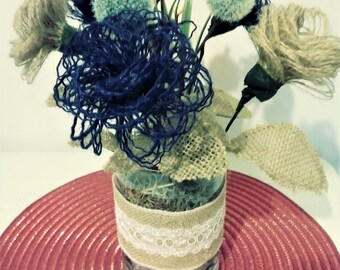 Burlap Floral Vase,Burlap Flower Arrangement,Shabby Chic Tabletop,Rustic Floral Arrangement, Country Decor,Blue and Tan Burlap Floral