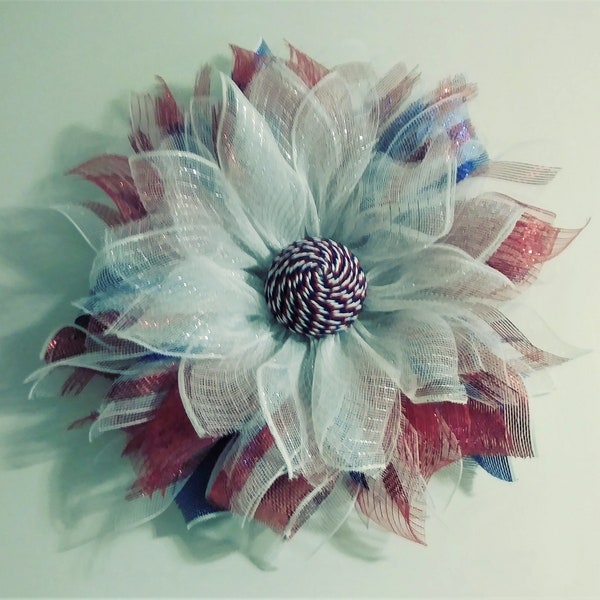 Patriotic Flower Wreath, Red White Blue Mesh Wreath, Independence Day Wreath, Americana Front Door, Summer Flower Wreath, USA Flower Wreath