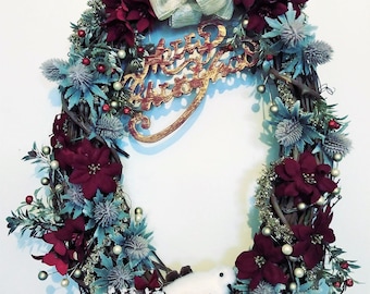 Burgundy and Gold Wreath,Christmas Front Door,Christmas Grapevine with Bird,Poinsettia Grapevine Wreath,Poinsettia and Pine Cone Wreath