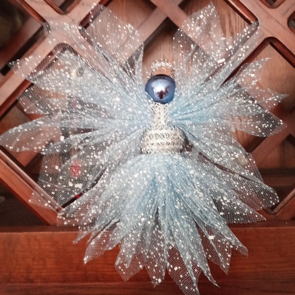 Angel Mesh Ornament, Blue Angel Ornament, Small Angel Tree Topper, Gift Package Embellishment