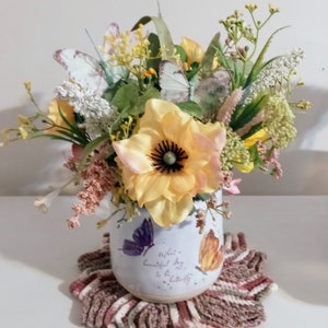 Spring Butterfly Arrangement, Butterfly Floral Tabletop, Yellow, Mauve ,White Floral Centerpiece, Mothers Day Floral, Butterfly Floral Decor