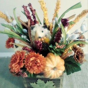Fall Floral Arrangement, Fall Centerpiece, Thanksgiving Centerpiece, Fall Floral with Hedgehog .Fall Rustic Arrangement, Farmhouse Floral image 2