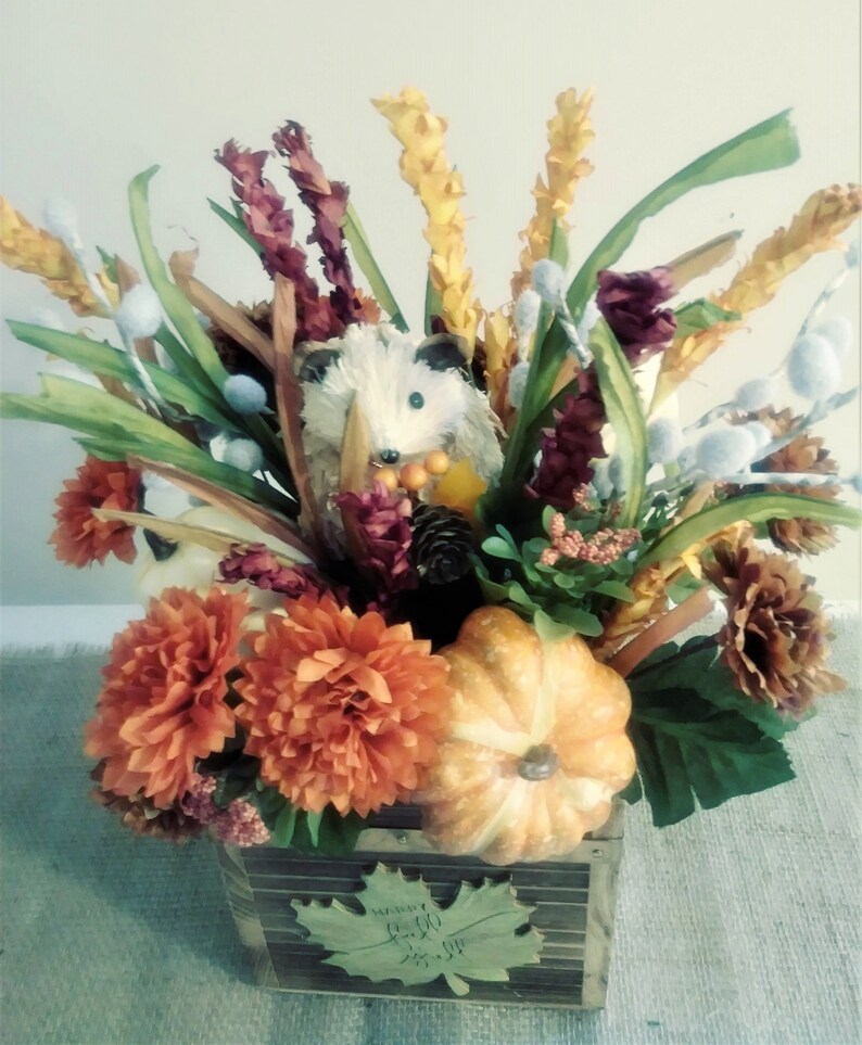 Fall Floral Arrangement, Fall Centerpiece, Thanksgiving Centerpiece, Fall Floral with Hedgehog .Fall Rustic Arrangement, Farmhouse Floral image 2