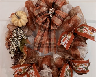 Fall Pumpkin Wreath, Fall Mesh Wreath, Farmhouse Fall Wreath, Autumn Wreath with Bow, Burgundy Gold Cream & Tan Fall Wreath, Fall Decor