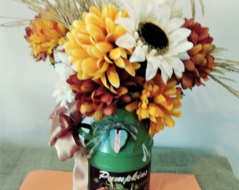 Fall Floral Centerpiece,Fall Floral in Green Milk Can,Fall Mums and Sunflower Arrangement,Rustic Fall Floral Decor,Fall Farmhouse Decor