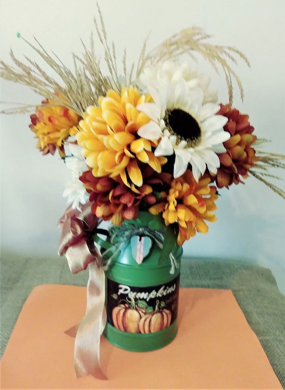 Fall Floral Centerpiece,Fall Floral in Green Milk Can,Fall Mums and Sunflower Arrangement,Rustic Fall Floral Decor,Fall Farmhouse Decor