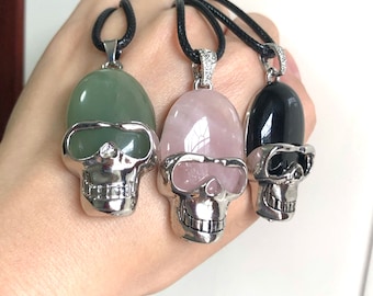 Amethyst Skull Crystal Necklace Black Cord for Men Rose Quartz Obsidian Aventurine Skull Necklace Personalized Best Gift for Him