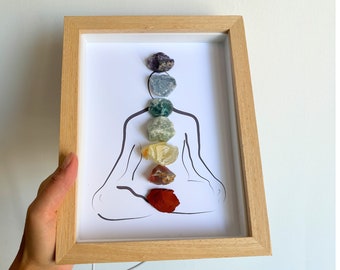 Natural 7 Chakra Stone Photo Gemstone Picture Frame with Light Raw Crystal frame Boho Decor Table Lamps EMF Protection Reiki Gifts for Her