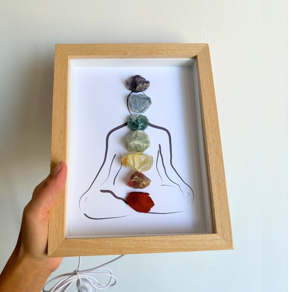 Natural 7 Chakra Stone Photo Gemstone Picture Frame with Light Raw Crystal frame Boho Decor Table Lamps EMF Protection Reiki Gifts for Her