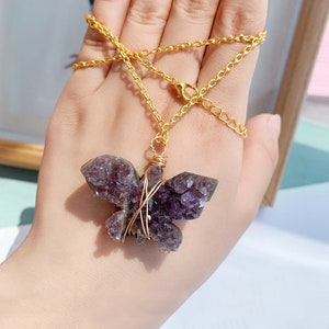 Amethyst Cluster Butterfly Necklace for Women Gold Wire Wrapped Amethyst Geode Crystal Necklace Handmde Jewelry Personalized Gifts for Her