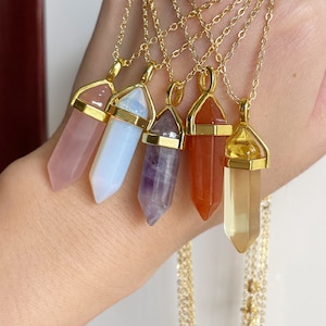 Crystal Necklace Rose Quartz Necklace Carnelian Necklace Gold November Crystal Point Natural Hexagonal Gemstone Handmade Gifts for her