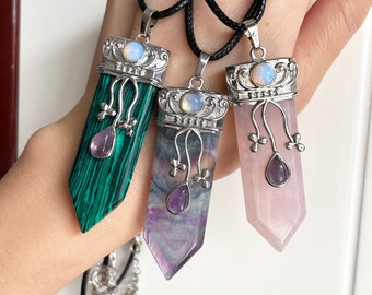 Sword Necklace Healing Crystal Point Pendant Necklaces for Women Unisex Stone Necklace Rose Quartz Rainbow Fluorite Fathers Day Gifts