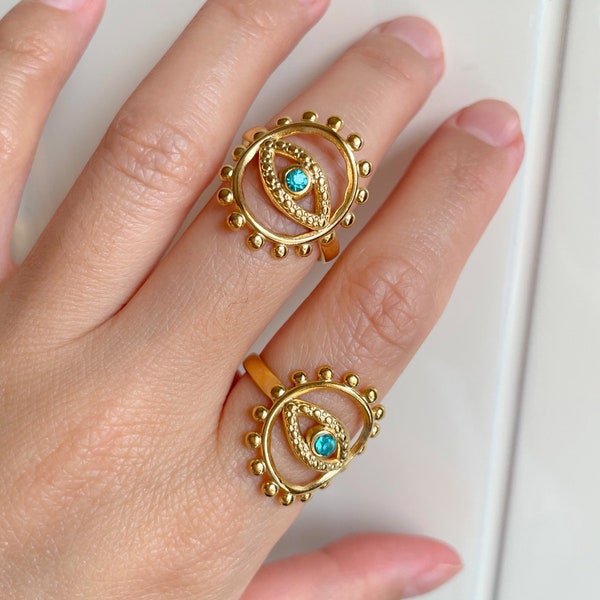 Gold Evil Eye Ring Minimalist Adjustable Eye Rings For Women Chevalier Ring Good Luck Ring Positivity Ring Personalized Mother’s Day Gifts