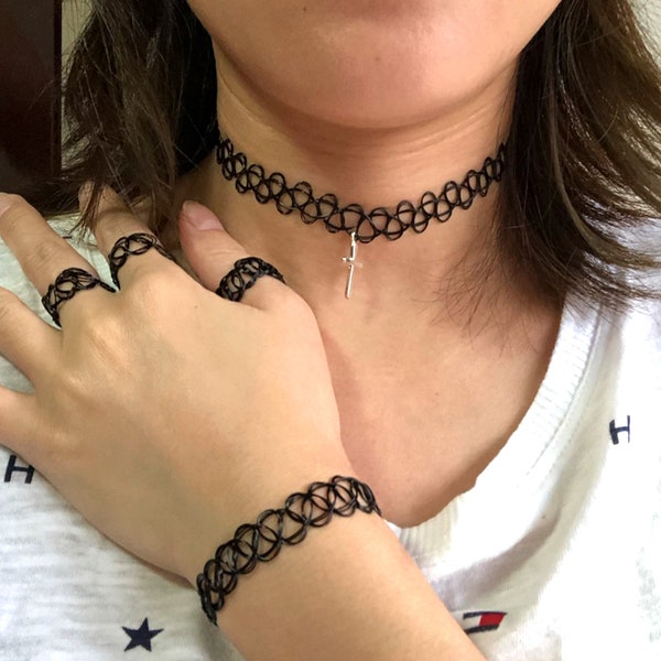 Tattoo Chokers Sommer Schmuck personalisierte Gewebte Armbänder Tattoo Fußkette, 90er Tattoo (Halskette,Ringe,Fußkette)