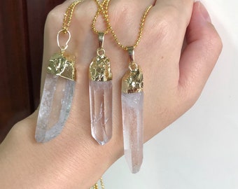 Lemurian Quartz Necklace for Women Divorce Gift Raw Clear Quartz Gold Healing Stone Crystal Point Necklace Large Sympathy Gifts for Her