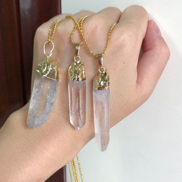 Lemurian Quartz Necklace for Women Divorce Gift Raw Clear Quartz Gold Healing Stone Crystal Point Necklace Large Sympathy Gifts for Her