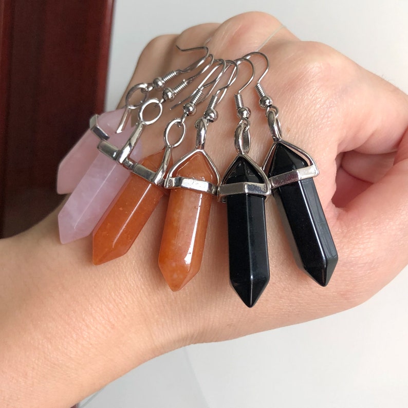 Carnelian EarringsCrystal Earrings Dangle Crystal Point Rose quartz earrings Opalite Amethyst Obsidian Personalized Back to School Gift image 2