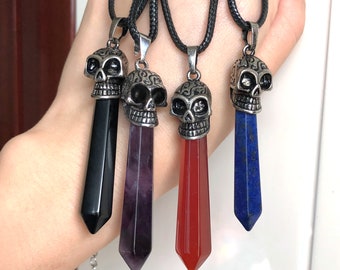 Natural Silver Skull Necklace Crystal Point Pendant Gemstone Necklace for Men Handmade Jewelry Personalized Fathers Day Gifts