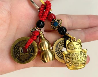 Feng Shui Golden Copper Lucky Cat Keyring Fortune Talisman Door Knob Bell Protection Car Key Chain Lanyard Personalized Housewarming Gifts