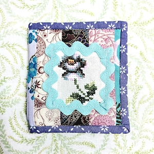 Handmade Quilted Needle Book for Embroidery & Crafts with Vintage Floral Cross Stitch Applique.