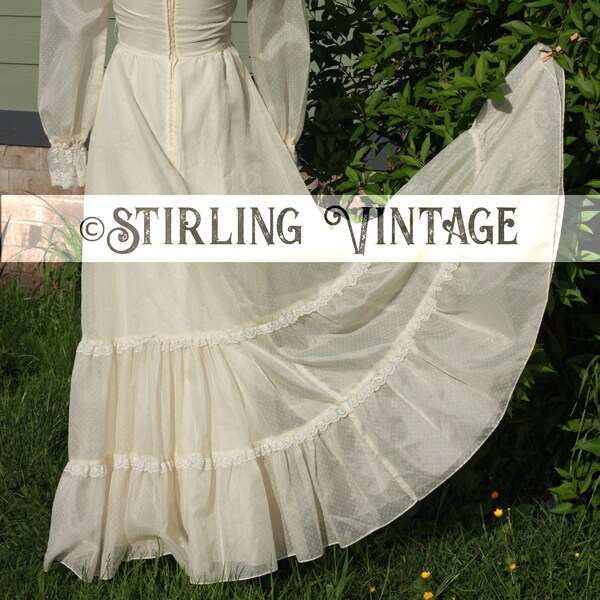 Vintage Gunne Sax Inspired Prairie 70s Wedding Dress small Ivory Swiss Dot Tiered Taffeta Maxi Ruffle