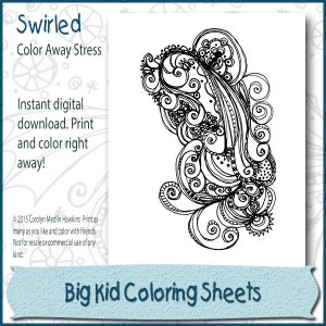 May include: Black and white printable colouring page featuring a large, intricate swirl design. The page is titled "Swirled: Color Away Stress" and includes the text "Instant digital download. Print and colour right away!"