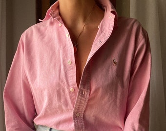 Vintage Ralph Lauren Pink Cotton Button Up Collared Oxford Shirt with Sky Blue Polo Pony Embroidery