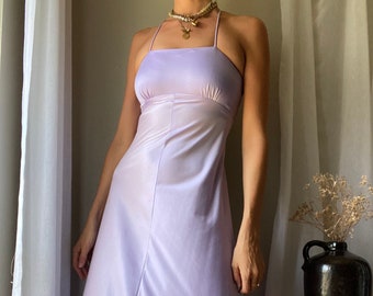Vintage Lilac Purple Long Empire Waist Halter Dress Straight Neck Spaghetti Straps