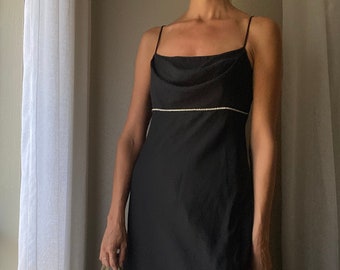Vintage Cowl Neck Black Dress Spaghetti Straps Rhinestone Waist Made in USA