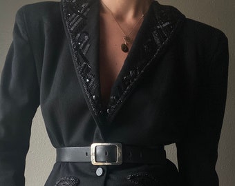 Vintage Stunning Black Beaded Statement Blazer with Shoulder Pads