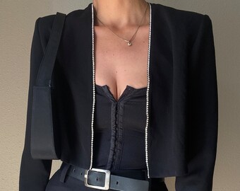 Vintage Cropped Black Lady Jacket Rhinestone Trim