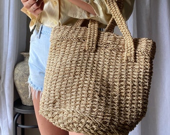 Vintage Woven Straw Jute Shoulder Bag Purse with Lining